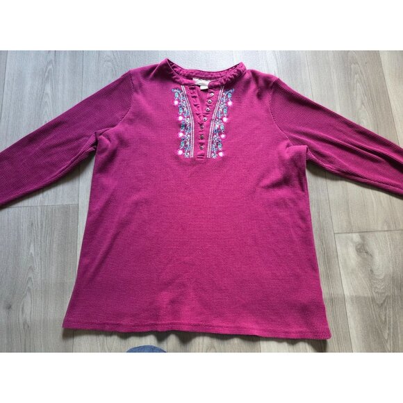 Woman Within Waffle Knit Embroidered Henley Long Sleeve Top Size L - Picture 4 of 6